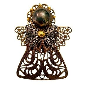 Vintage filigree Angel antique gold tone pin brooch dimensional layered 2 inch